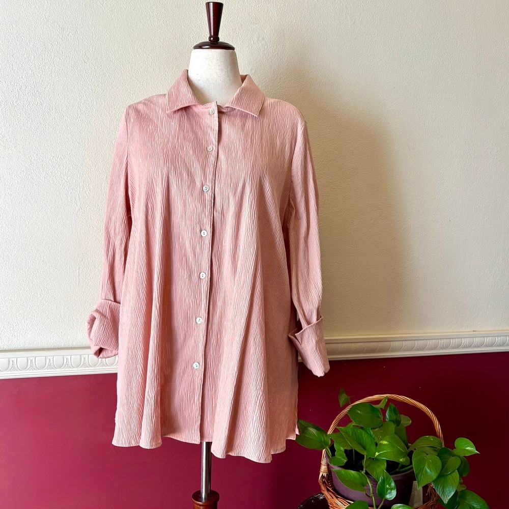 MarlaWynne Dusty Pink Crinkle Feel Button Down Tunic Top 1X USA Made LagenLook